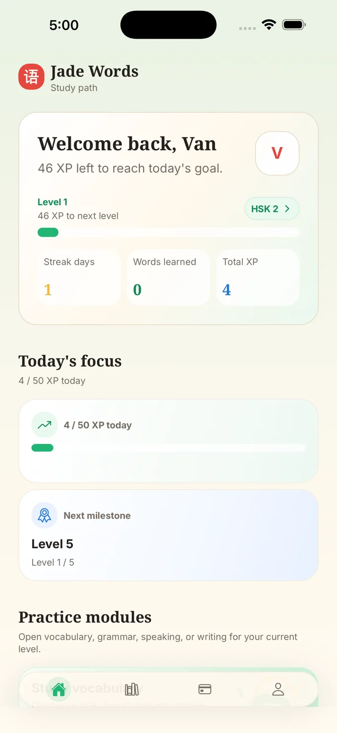 Jade Words home screen showing today’s learning goal and study progress.